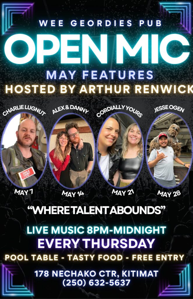 poster for May schedule of Open Mic at Wee Geordies Pub